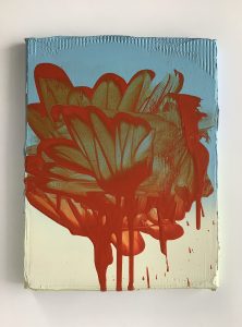 ‘Red, Cerulean, White’ Oil and spray paint on canvas 10.2 x 7.9 inches 26 x 20 cms